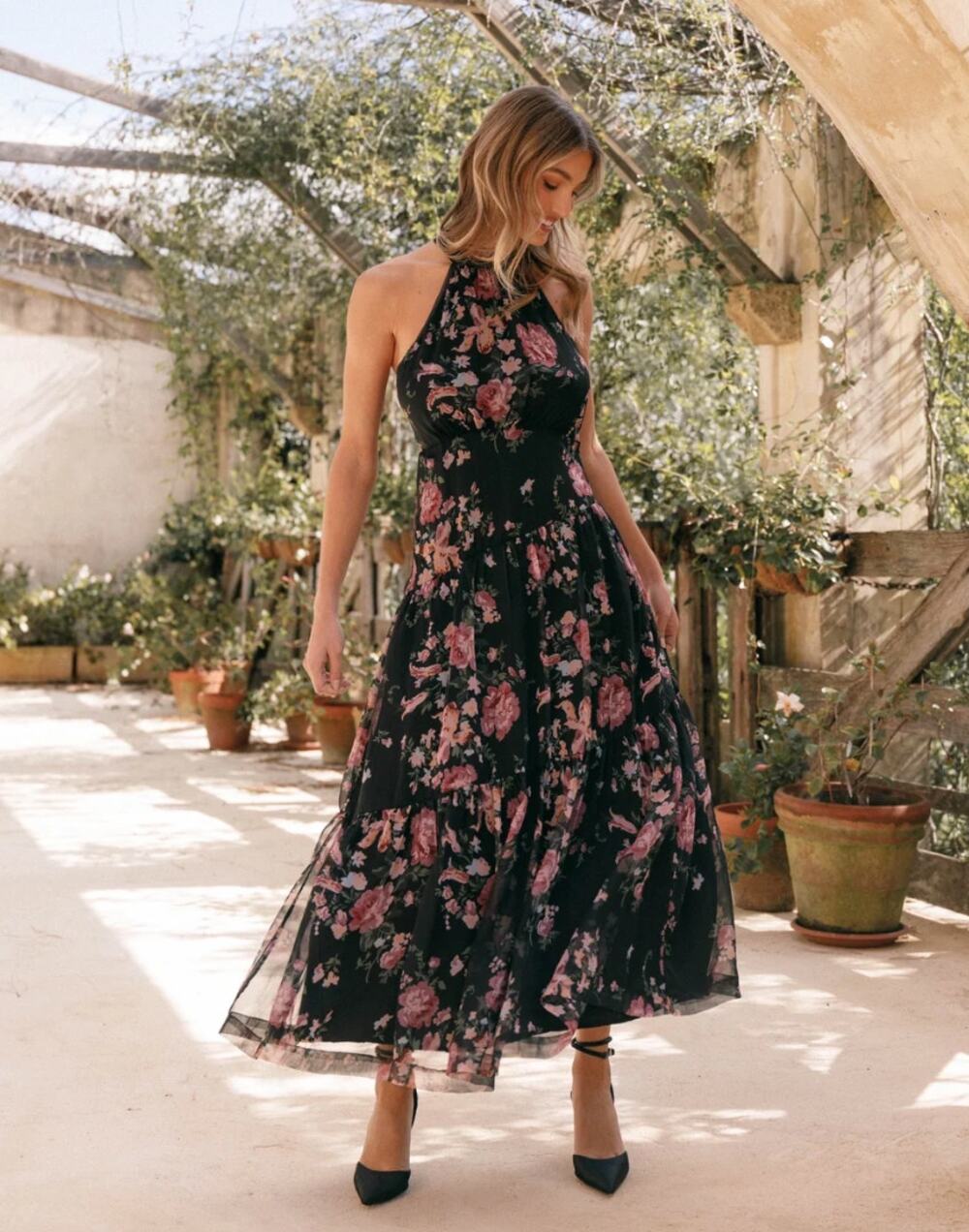 PETAL & PUP Eden Floral Halter Maxi Dress Black Pink Sz L $100 {C20}